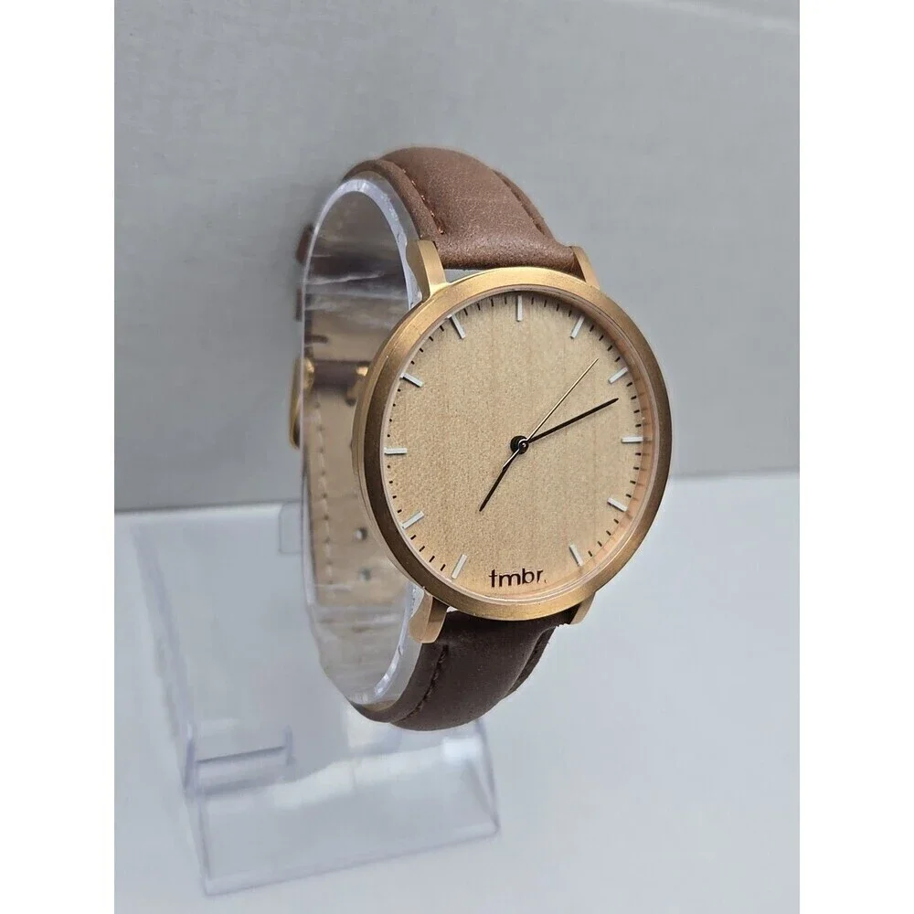 Tmbr The Helm Wood Dial Watch Rose Gold Tone 40mm Brown Leather New Battery